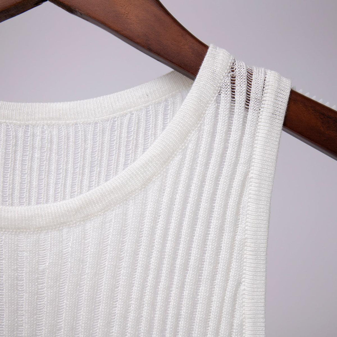 Women's Fashion Solid Color Rib Fabric Hollow Vest Slim Sleeveless Knitted Top - Trendha