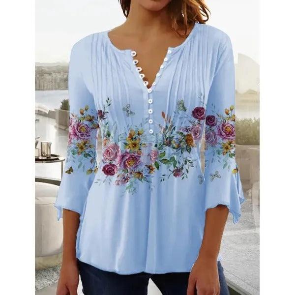Women's Floral Printed V-neck Short Sleeve Button T-shirt - Trendha