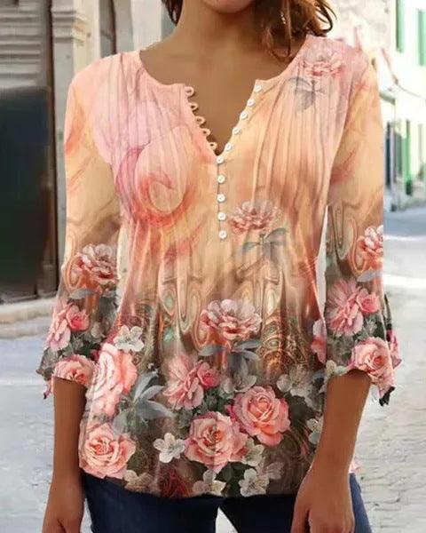 Women's Floral Printed V-neck Short Sleeve Button T-shirt - Trendha