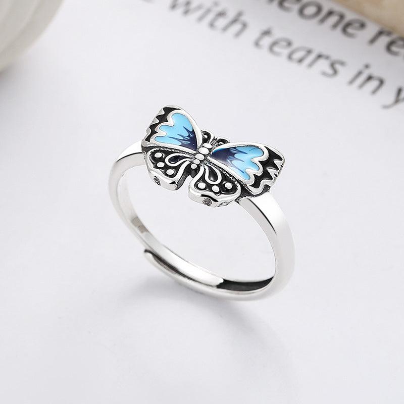 Women's S925 Sterling Silver Color Matching Epoxy Butterfly Ring - Trendha