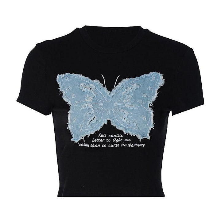 Women's Summer Hot Girl Cropped Printed Top Butterfly Embroidered T-shirt - Trendha