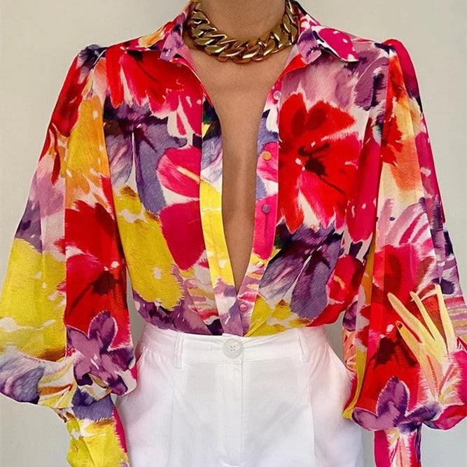 Women's Summer Printed Lantern Sleeve Fashion Shirt - Trendha