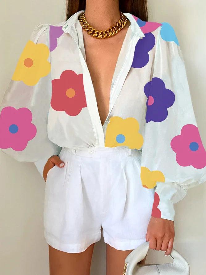 Women's Summer Printed Lantern Sleeve Fashion Shirt - Trendha