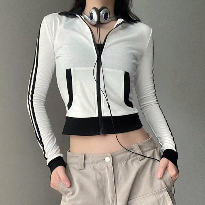 Women's Zipped Stand Collar Black And White Long-sleeved Top - Trendha