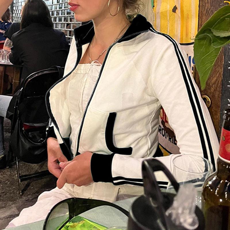 Women's Zipped Stand Collar Black And White Long-sleeved Top - Trendha