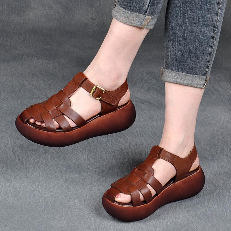 Leather Hollow Woven High Heel Platform Hollow Toe-toe Trifle Roman Sandals - Trendha