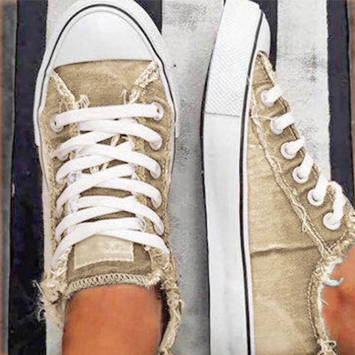 Women's Large Size Lace-Up Canvas Sneakers with Thick Soles and Denim Design - Trendha