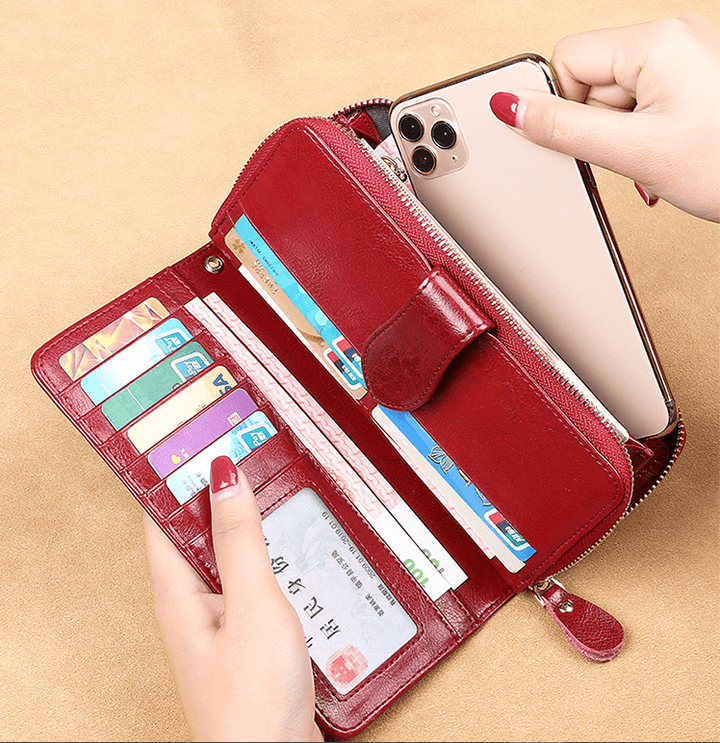 Waxed Cowhide Long Lady Wallet Leather Zipper Wallet Large Capacity - Trendha