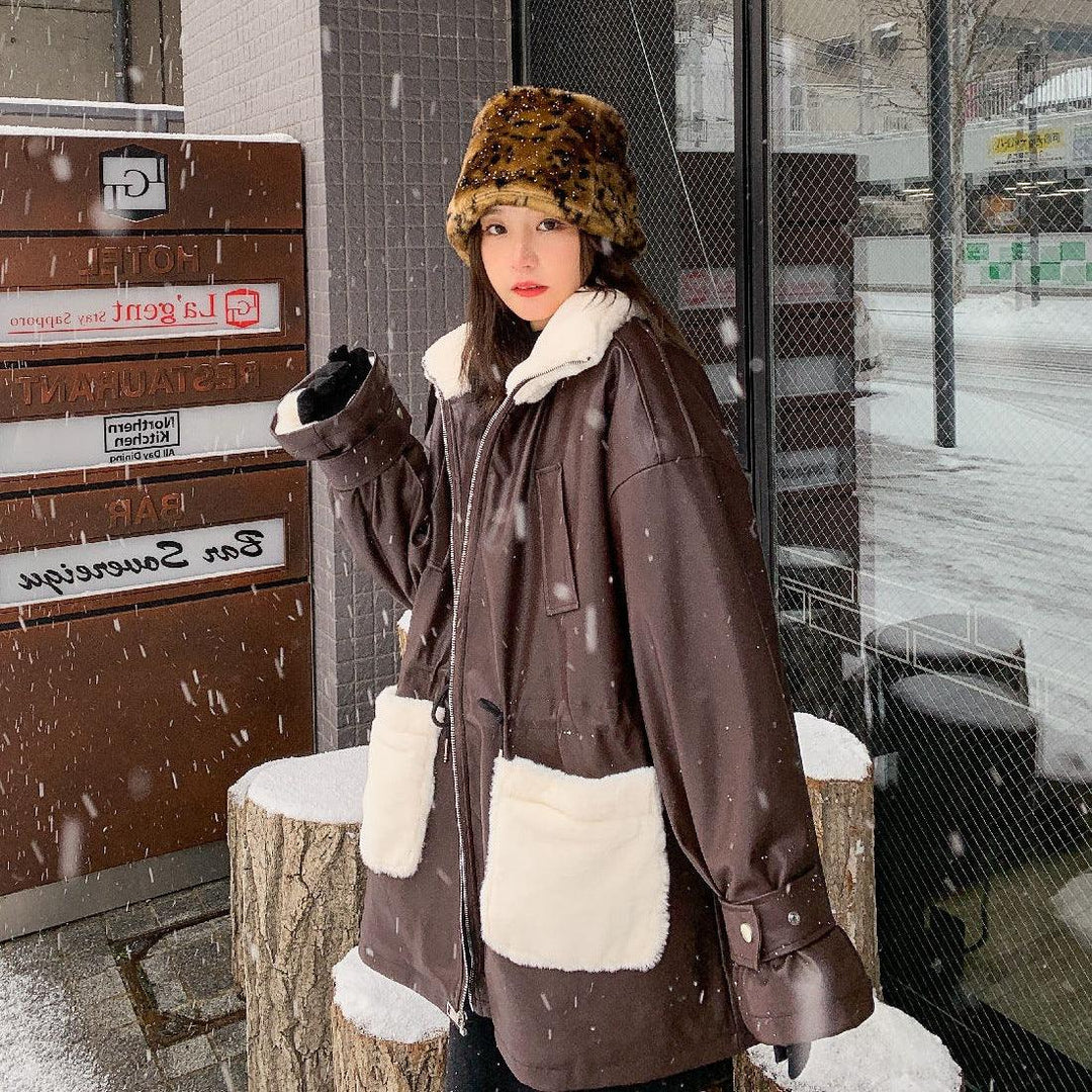 Women's Waist Thickening Lining Stitching Pu Leather Coat Jacket - Trendha