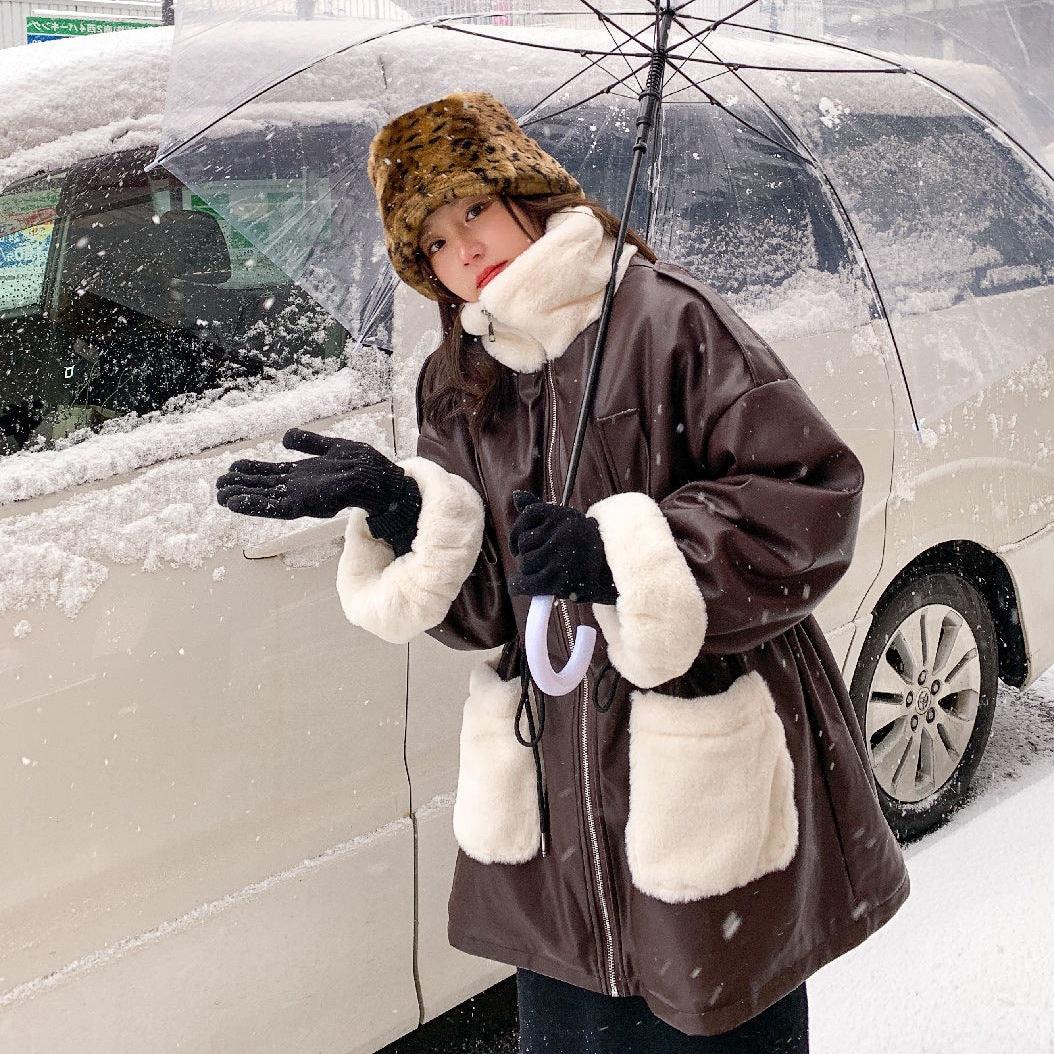 Women's Waist Thickening Lining Stitching Pu Leather Coat Jacket - Trendha