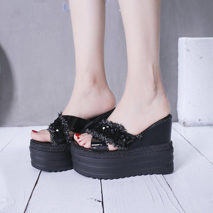 Platform Sandals And Slippers With Wedge Heel And Rhinestones - Trendha