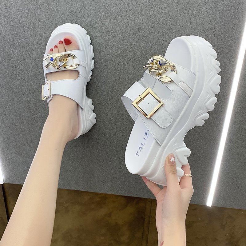 Metal Buckle Heightening Sponge Cake Sandals And Slippers - Trendha
