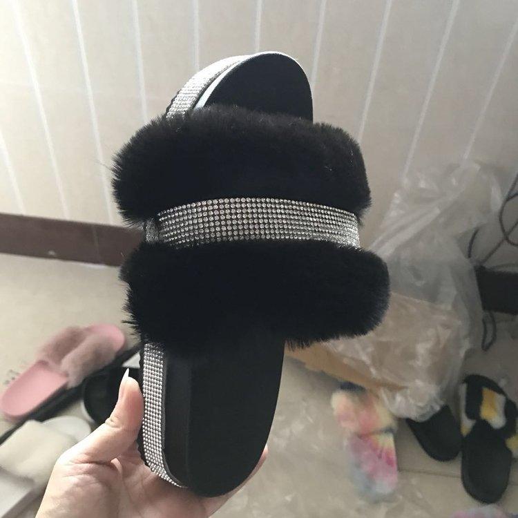 Women Bling Fluffy Slippers Fur Slides Platform Wedges Heel Solid - Trendha