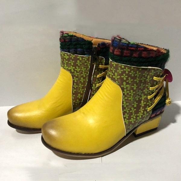 Retro fabric stitching adjustable leather pattern warm boots - Trendha