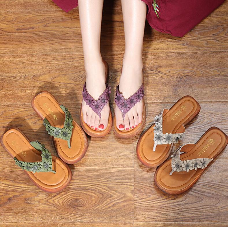 Ethnic style flowers flat leather flip flops female Mori girl sweets sandals and slippers - Trendha
