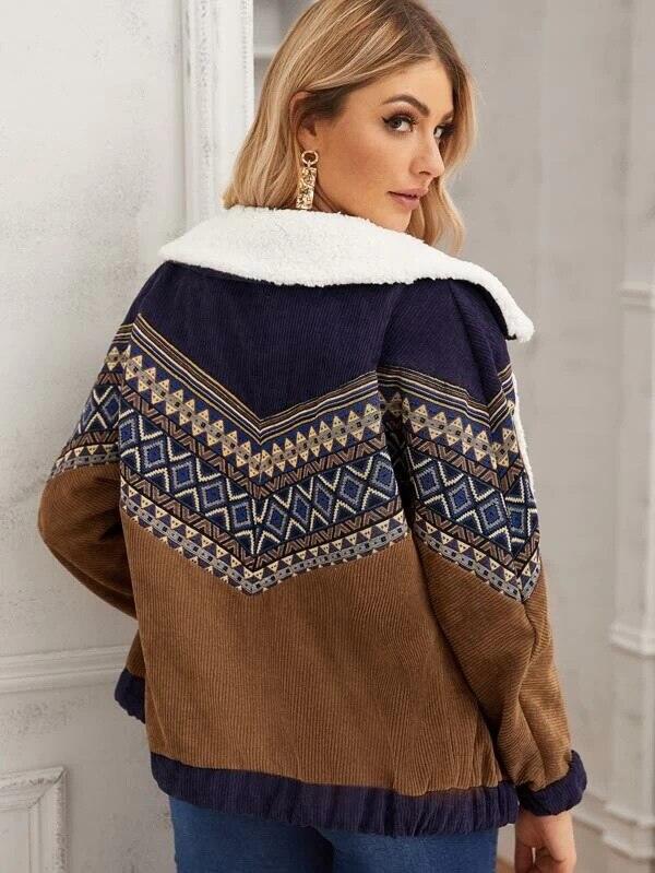 Lamb hair collar corduroy coat - Trendha