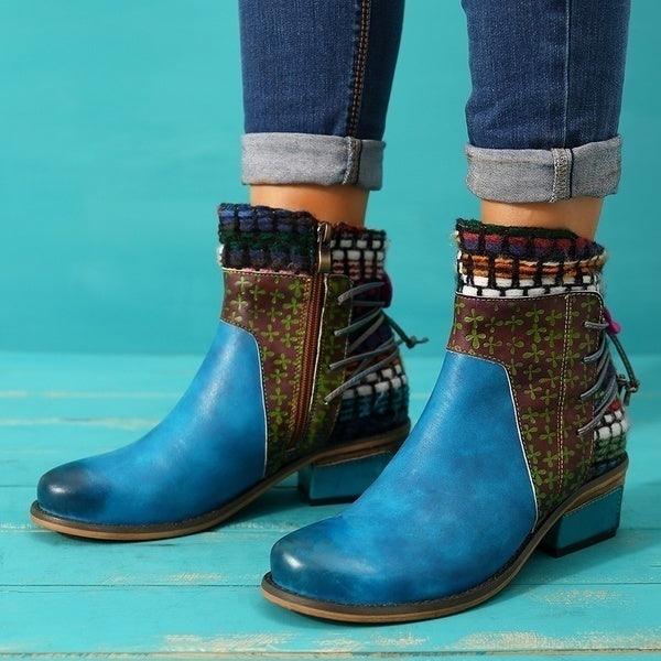 Retro fabric stitching adjustable leather pattern warm boots - Trendha