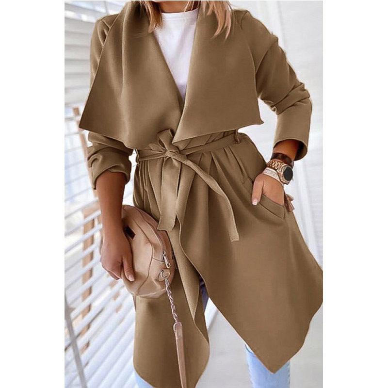 Lapel solid color long trench coat - Trendha