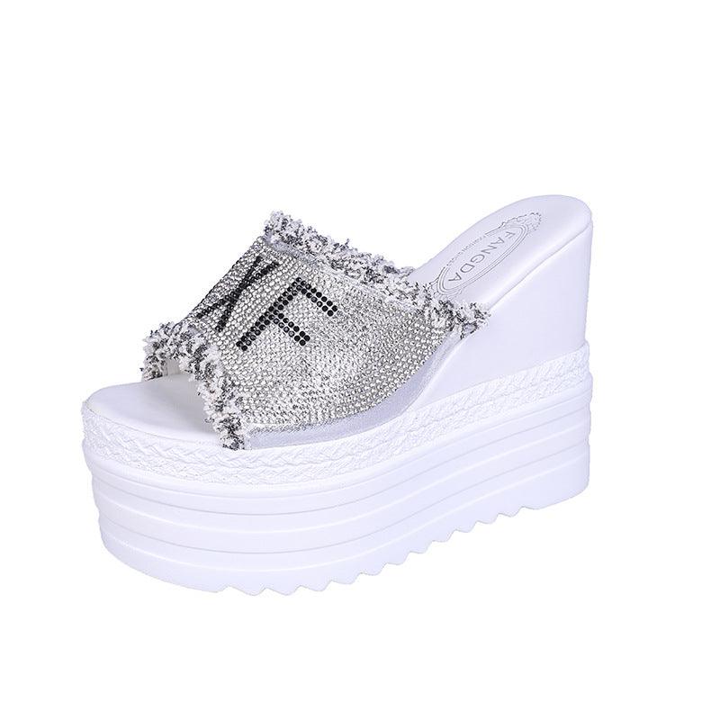 Platform Sandals And Slippers With Wedge Heel And Rhinestones - Trendha