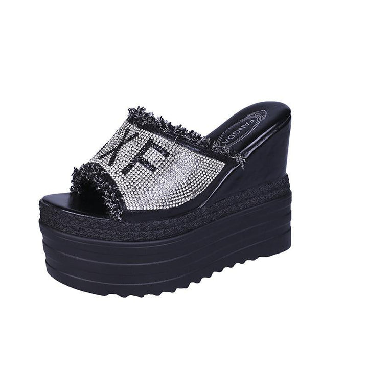 Platform Sandals And Slippers With Wedge Heel And Rhinestones - Trendha