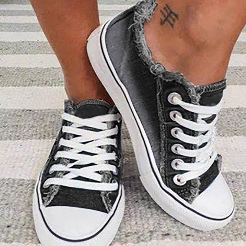 Women's Large Size Lace-Up Canvas Sneakers with Thick Soles and Denim Design - Trendha