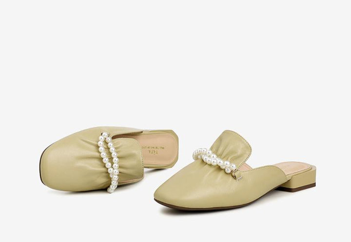 Cow Leather Square Head Pearl Decoration Women's Slippers Casual Mules - Trendha