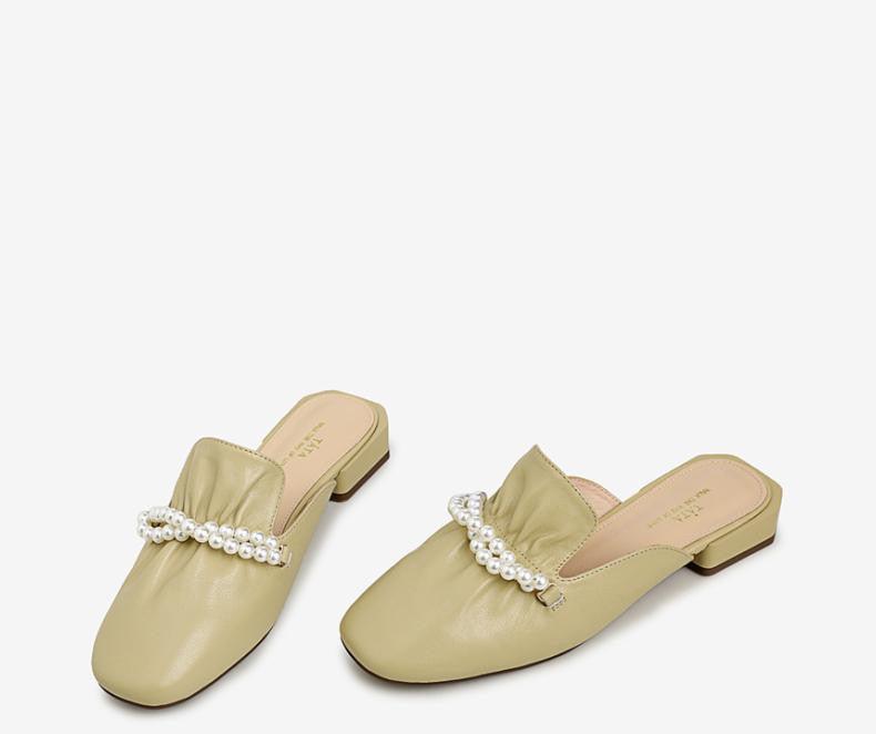 Cow Leather Square Head Pearl Decoration Women's Slippers Casual Mules - Trendha