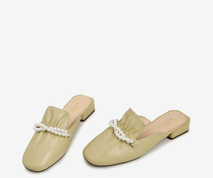 Cow Leather Square Head Pearl Decoration Women's Slippers Casual Mules - Trendha