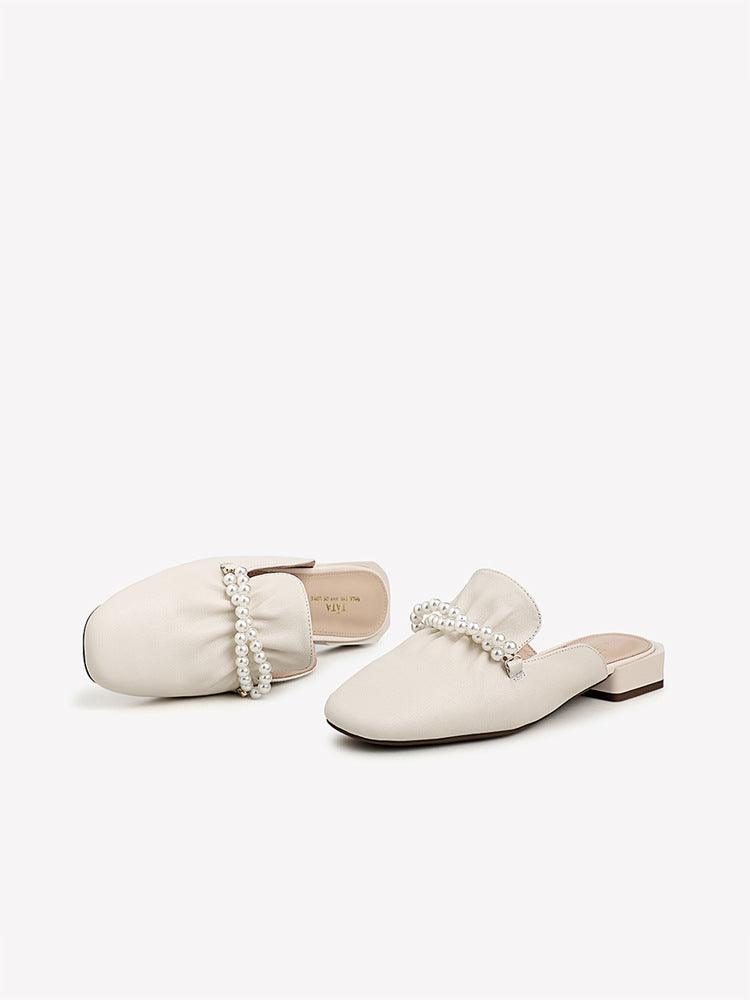 Cow Leather Square Head Pearl Decoration Women's Slippers Casual Mules - Trendha