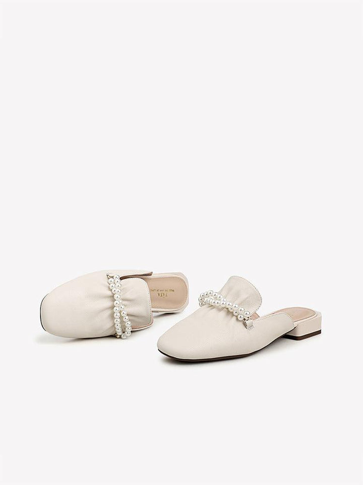 Cow Leather Square Head Pearl Decoration Women's Slippers Casual Mules - Trendha