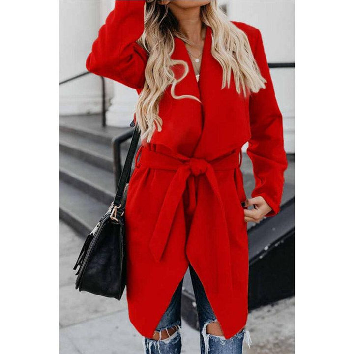Lapel solid color long trench coat - Trendha