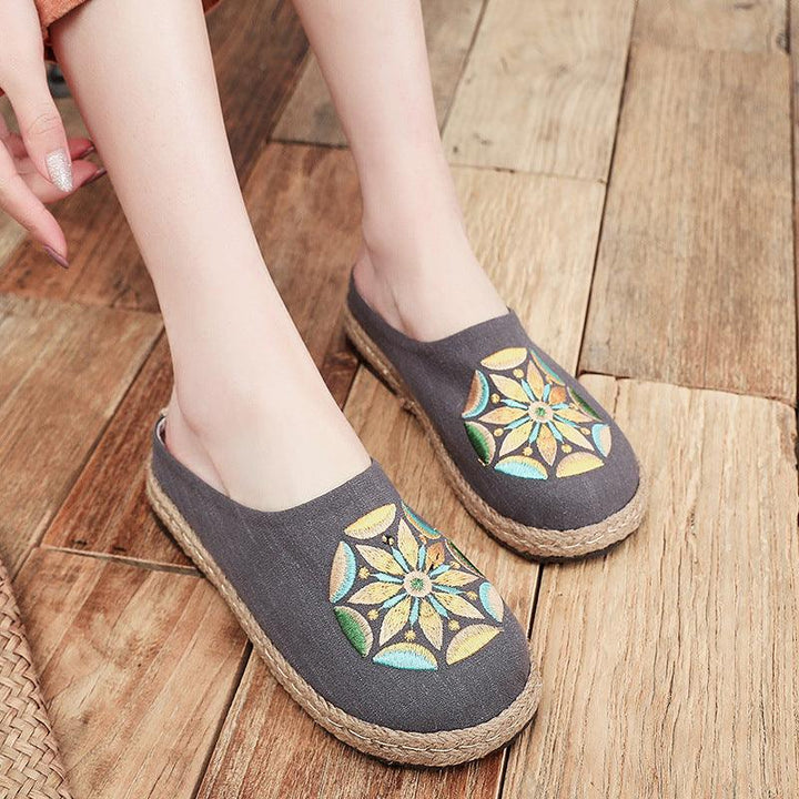 Baotou Sandals And Slippers, Women's Ethnic Style Embroidered Linen Half-mop Shoes, Flat-bottomed Lazy Shoes - Trendha