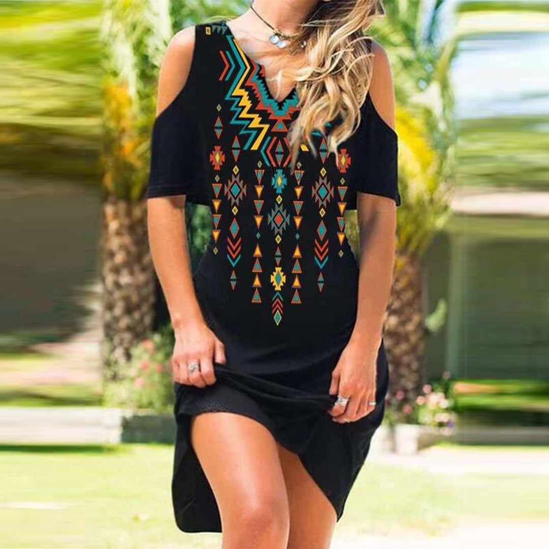 Printed small V-neck mid-length off-the-shoulder dress - Trendha