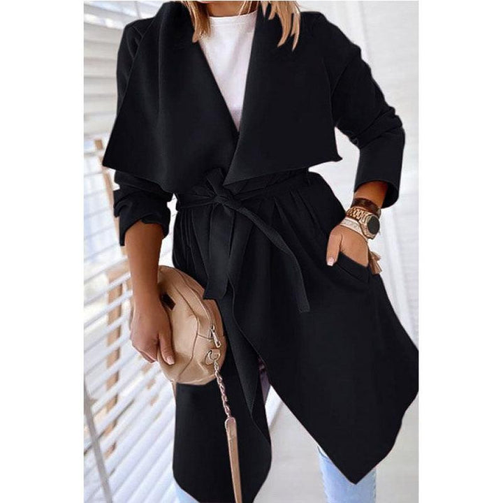 Lapel solid color long trench coat - Trendha