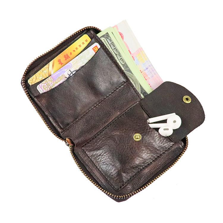 Zipper folding compact vegetable tanned leather wallet - Trendha