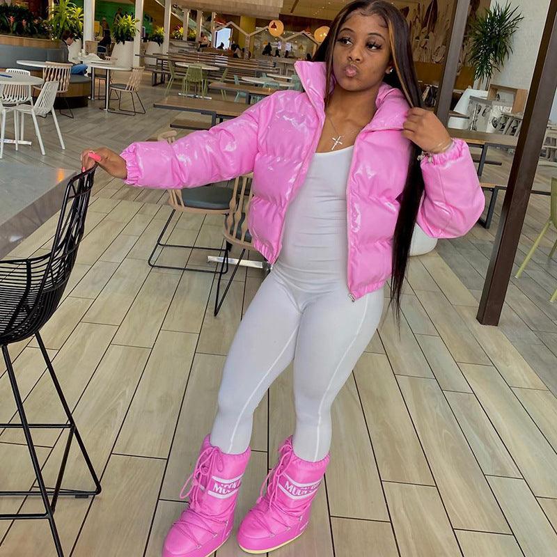 Sisterlinda Faux PU Leather Y2K Bubble Puffer Winter Warm Jacket Women Coats Long Sleeve Outerwear Zipper Casual Slim Parkas2021 - Trendha