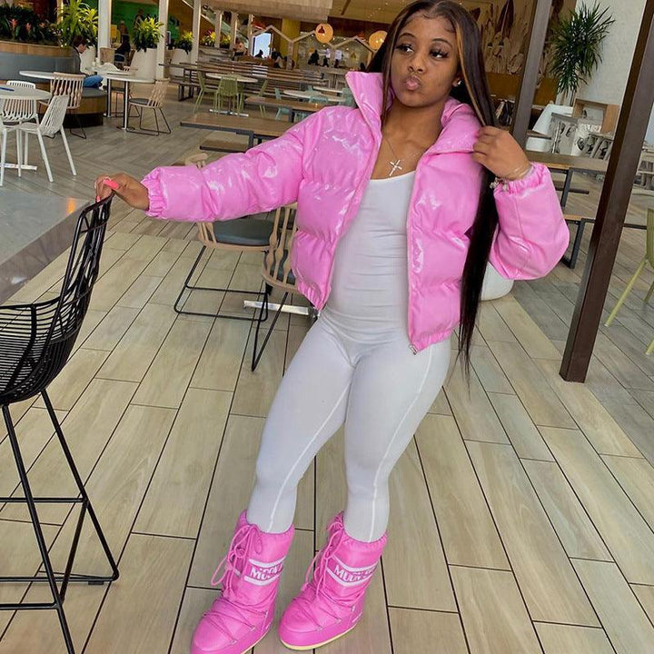 Sisterlinda Faux PU Leather Y2K Bubble Puffer Winter Warm Jacket Women Coats Long Sleeve Outerwear Zipper Casual Slim Parkas2021 - Trendha