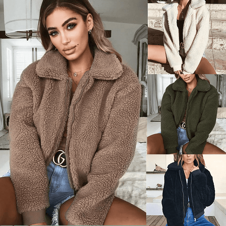 Explosion models plus velvet thick lapel short jacket women's long-sleeved cardigan wild shirt - Trendha