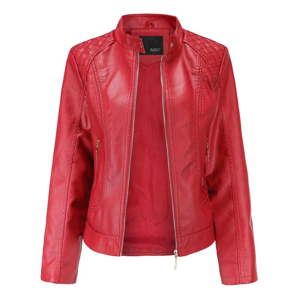 Women's stand collar PU leather jacket - Trendha