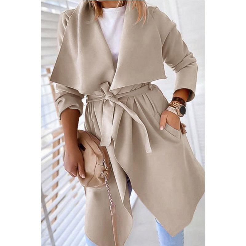 Lapel solid color long trench coat - Trendha