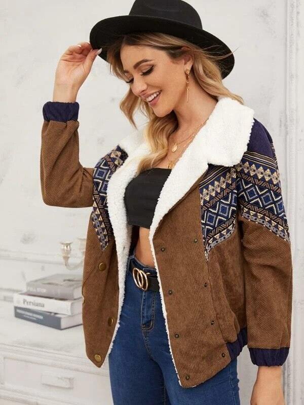 Lamb hair collar corduroy coat - Trendha