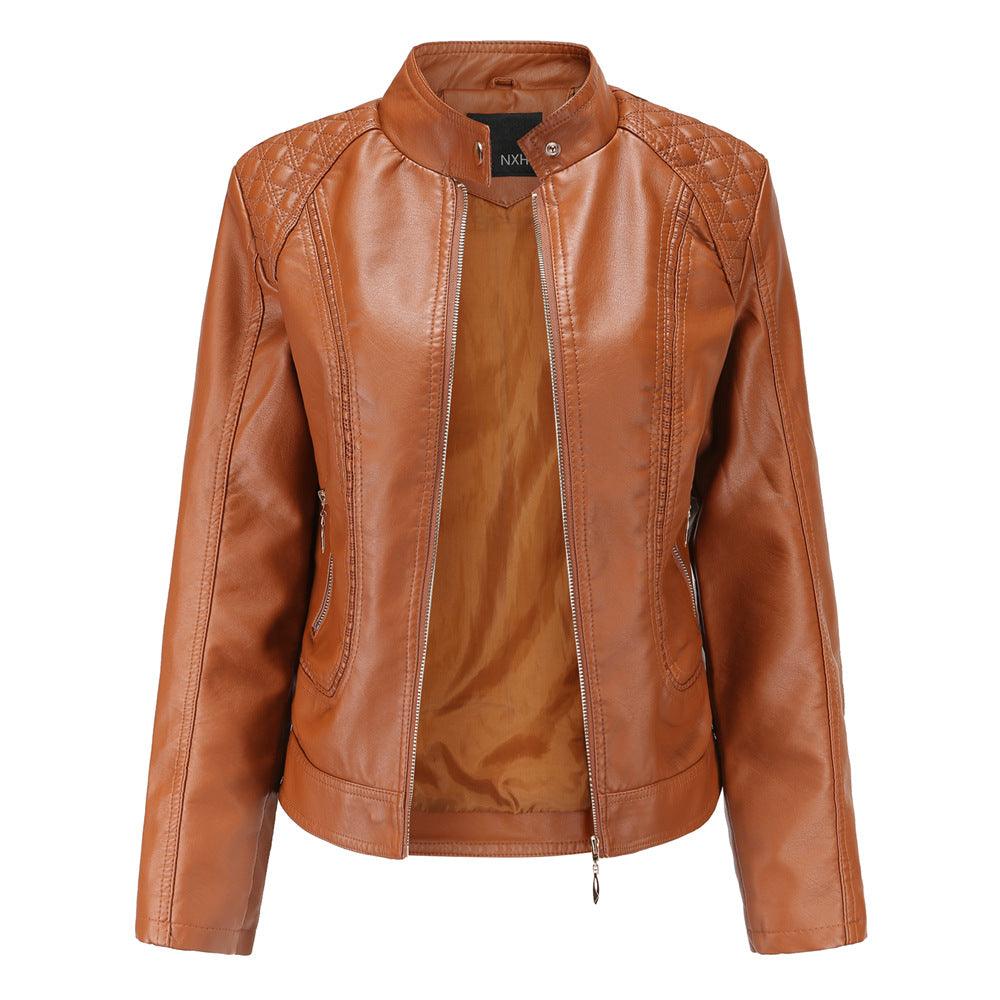 Women's stand collar PU leather jacket - Trendha