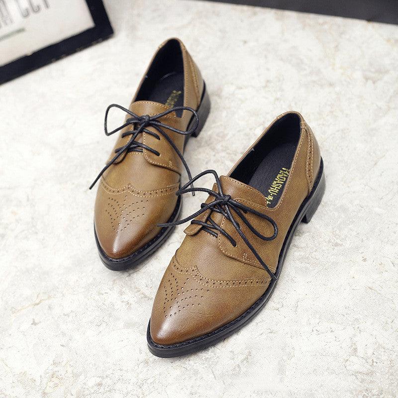 Retro British Style Pointed Toe Low-heel Lace-up Shoes - Trendha