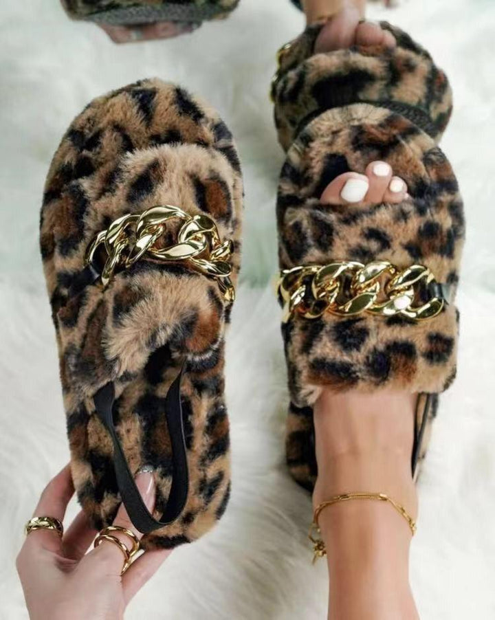 Leopard Print Casual Ethnic Style Flat Metal Chain Leopard Print Plush Slippers - Trendha