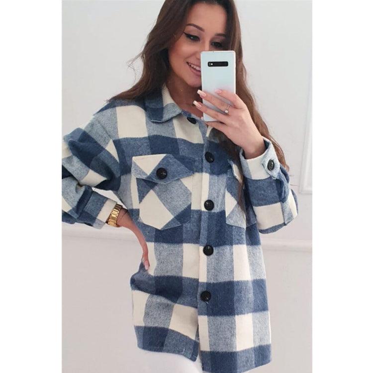 Loose Plaid Woolen Long-sleeved Jacket - Trendha
