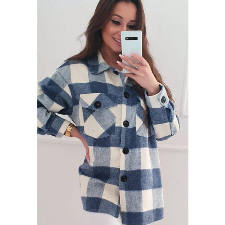 Loose Plaid Woolen Long-sleeved Jacket - Trendha