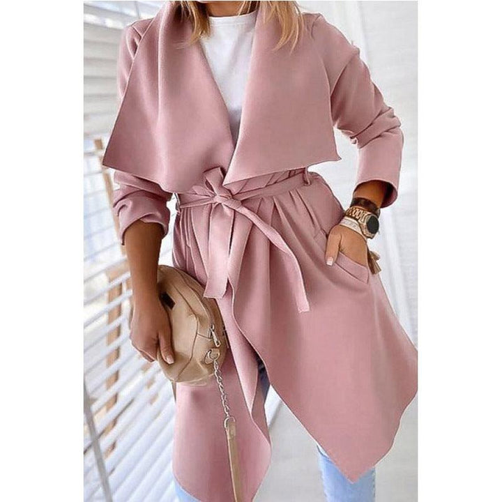 Lapel solid color long trench coat - Trendha