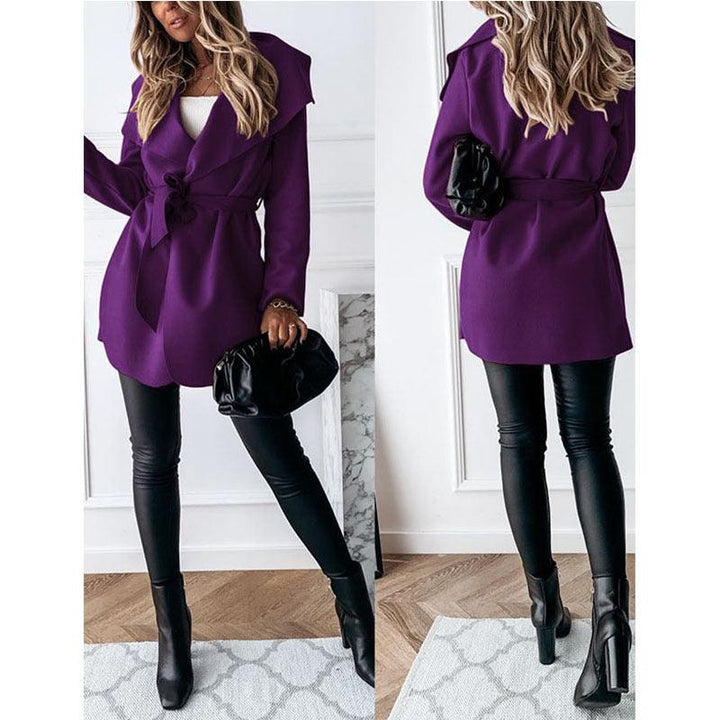 Lapel solid color long trench coat - Trendha