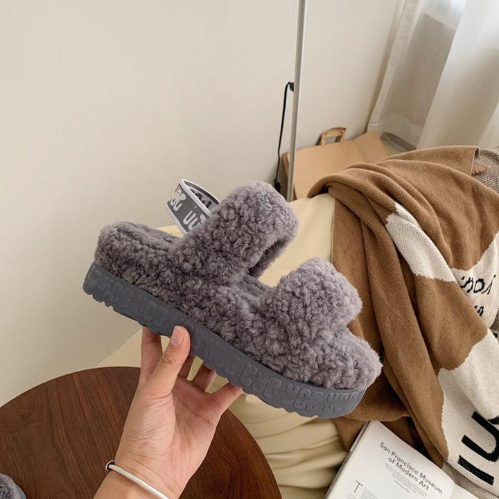 Autumn And Winter Furry Teddy Wool Sponge Cake Platform Slippers - Trendha