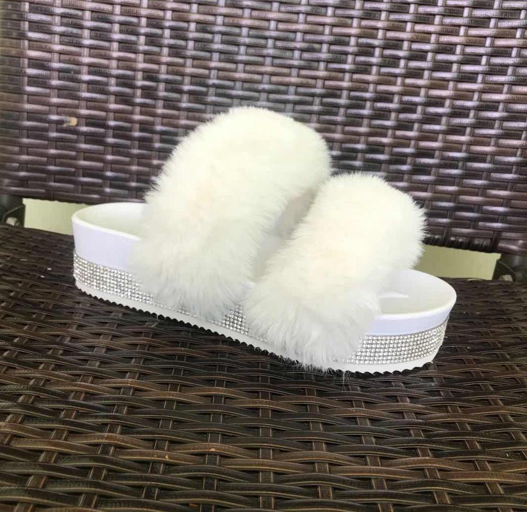 Women Bling Fluffy Slippers Fur Slides Platform Wedges Heel Solid - Trendha